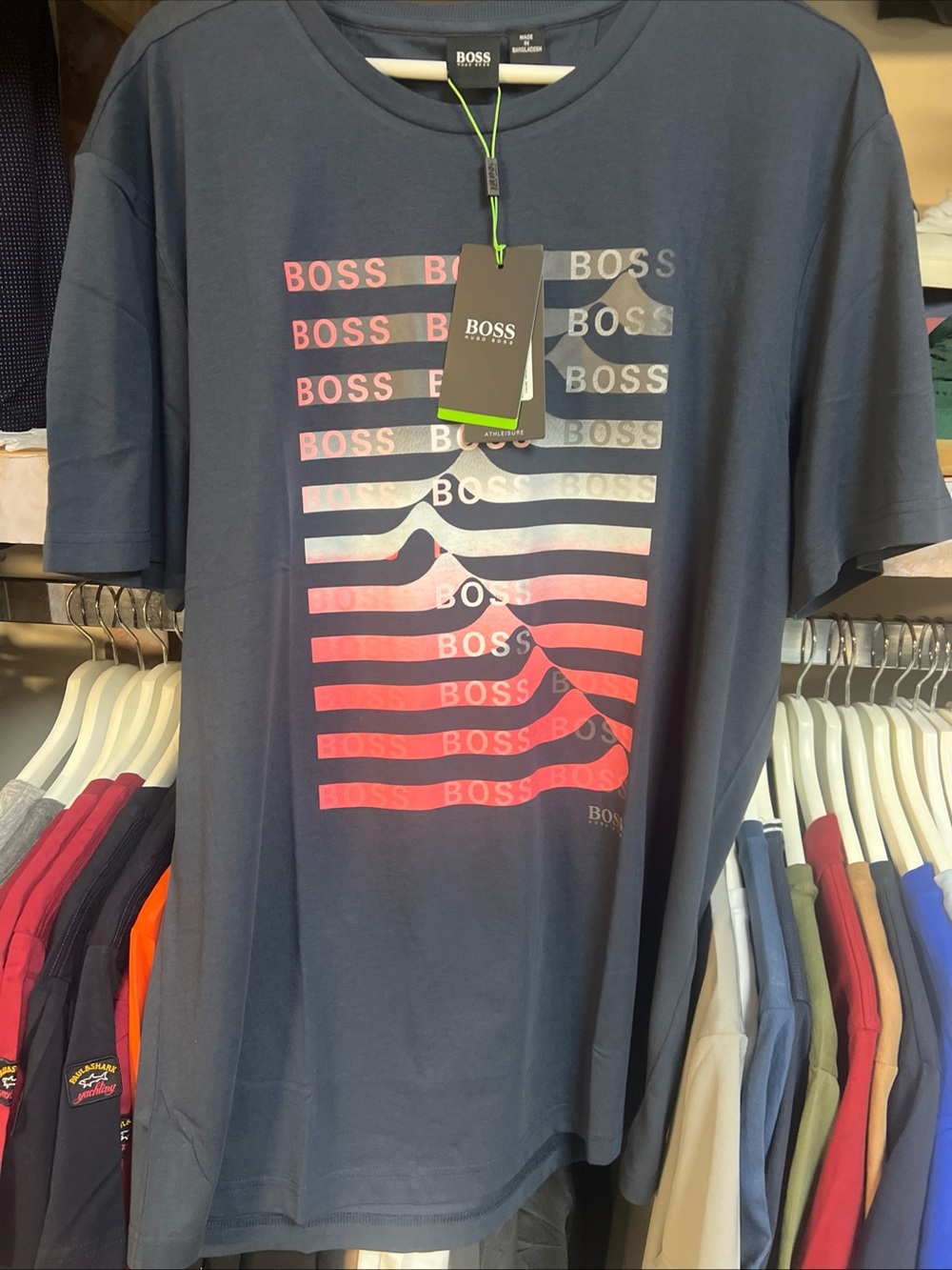 BOSS Navy Short-Sleeve Tee with Red Gradient Logo Stripes